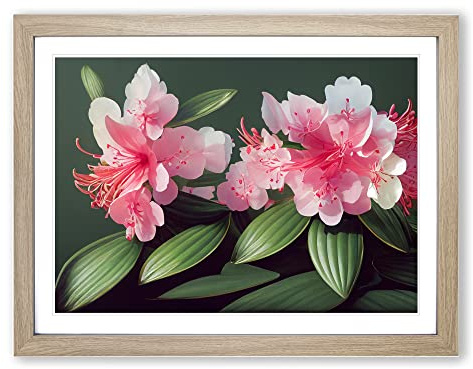 Pretty Rhododendron Flowers Black, Grey, Orange Framed Wall Art Print - Ready to Hang Picture - Modern Art for Living Room Bedroom Kitchen Home - Oak A3 (36 x 48 cm)