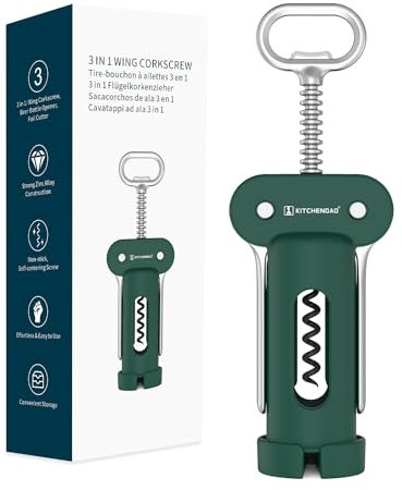 KITCHENDAO Tire-bouchon 3 en 1 avec coupe-capsule, décapsuleur de bière intégré, décapsuleur multifonction avec vis tranchante antiadhésive, facile à utiliser, tire-bouchon manuel pour vin, vert