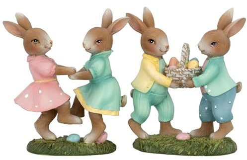 kleines Deko Hasen Figuren Set Kunststein - 4 stehende Osterdeko Hasen Kinder bunt gekleidet - Polyresin Osterhasen Frühjahresdeko zum hinstellen