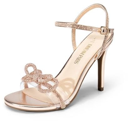 DREAM PAIRS Women's Heels Round Toe Rhinestone Double Bowknots Sparkly Stilettos Heeled Sandals Shoes for Party Evening SDHS2451W,Size 6.5,Rose Gold-Rhinestone,SDHS2451W