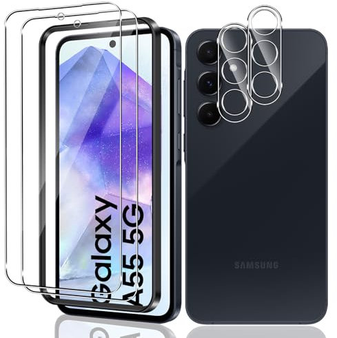 Vanrain Schutzfolie für Panzerglas für Samsung Galaxy A55 5G, 2+2 Stück Panzer Schutz Glas mit Positionierhilfe und Kameraschutz, 9H Härte Schutzglas HD Klar Anti-Kratze Blasenfrei