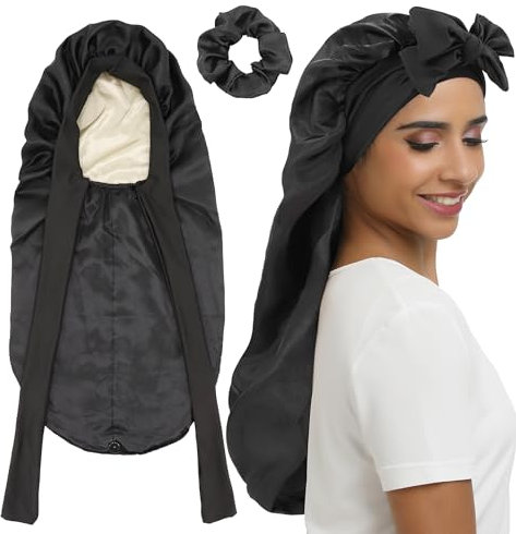 SENGTERM Lange Satin Schlafmütze Seiden haube für Frauen - Doppelschicht elastische Seidenhaube für Braids Hair Sleeping Cap mit Krawattenband (DE/NL/SE/PL, Alphanumerisch, M, L, Long Black)