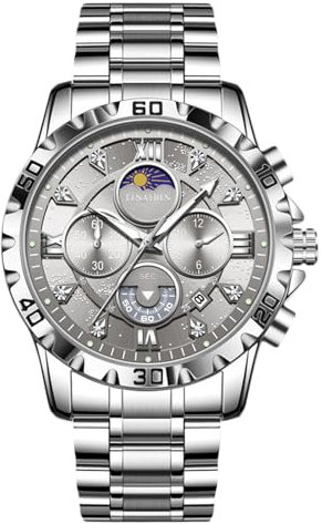 rorios Multifunktional Herrenuhren Elegant Diamant Uhren Analoge Quarz Uhr Edelstahl Chronograph Uhr Mode Armbanduhren für Herren Silber Grau