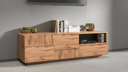 Dmora - Meuble TV Velio, Buffet Bas de Salon avec 2 Portes et 1 tiroir, Base Meuble TV, 150x44h46 cm, Chêne