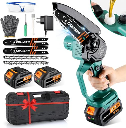 Akku Kettensäge 6000mAh, 6 Zoll Mini Kettensäge mit 2 Akku 3000mAh, Ladegerät, 2 Ketten, Tragbar Motorsäge, Werkzeuglose Kettenspannung, Handkettensäge Akku für Gartenscheren Astschere Holzschneidenz