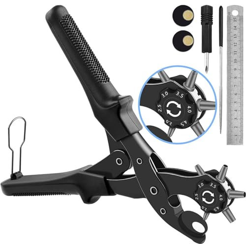 FYting Lochzange für Leder,Lochstanzer Drehlochzange 6 Größen (2–4,5 mm) mit Maßband,Werkzeug, Schärfstab, für Gürtel, Lederschuhe, UhrenarmbäNder, Sättel, Haustierhalsbänder(Schwarz)
