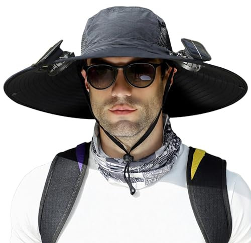 Hut mit integriertem Ventilator – kühlender Hut mit Ventilator, breiter Krempe, Sommer-UV-Schutz, Outdoor-Sonnenhut mit Solarventilator, UPF50+ Solarventilator, Outdoor-Angelhut, Solar-USB-