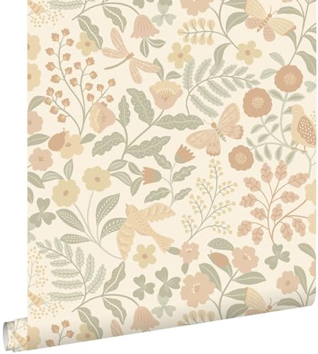 papier peint fleurs et oiseaux beige, vert et rose clair 53 cm x 10.05 m - ESTAhome