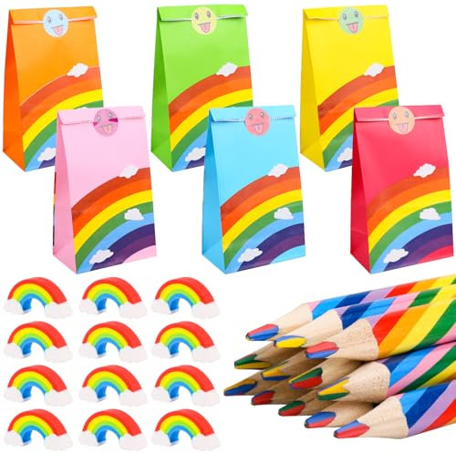 Dncvb 36 Regenbogen Stifte Set, 12 Regenbogenstift, 12 Regenbogen Papiertüten Kindergeburtstag, 12 Regenbogen Radiergummis, Regenbogen Buntstifte Kinder für Give Aways Kindergeburtstag