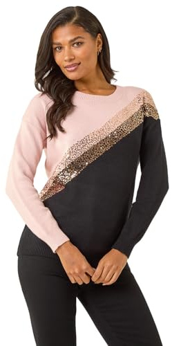 Roman Originals Thick Jumper for Women UK - Ladies Winter Autumn Smart Casual Knit Knitted Knitwear Pull-On Round Crew Neck Long Sleeve Work Office Dinner Party - Black & Pink - Size 16