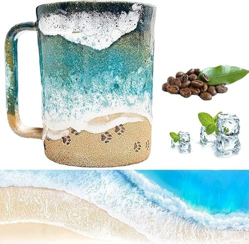 HOIDOKLY Paw Print Ocean Shoreline Mug, 3D Ceramic Coffee Cup With Waves Beach Design, Handmade Tea & Milk Cup for Pet Lovers, 15oz Souvenir