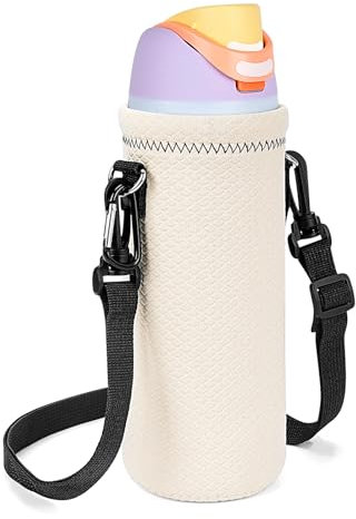Linkidea Water Bottle Carrier with Strap Compatible with Owala FreeSip 32oz, Twist 32oz Water Bottle, Neoprene Waterbottle Sling Bag Holder, Shoulder Strap, Off White