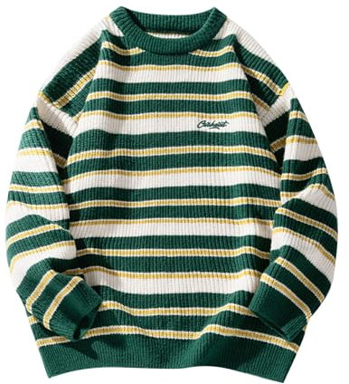 biJerou Schutzhüllen Für Pullover Crew Neck Knit Vintage Contrasting Striped Sweater (Green, XXXL)