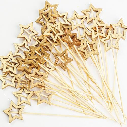 Stern Cocktailspieße 50 Stück Goldstern Cocktailspieße aus Bambus Holzspieße Fingerfood Spieße,Weihnachten Cocktail Picks Partyspieße Zahnstocher Obstspieße für Grillgut,Obst,Cupcake,Dekoration