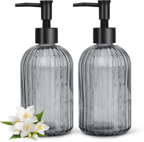 2 Pcs Glass Soap Dispenser with Pump, 13 Oz Clear Liquid Hand Soap Dispenser, Refillable Glass Bottle Non-slip Washing up liquid Dispenser for Laundry Detergent, Hand Soap, Shampoo, Shower Gel (black)