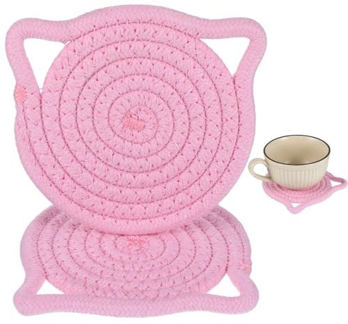 Ymapinc Cute Pink Coasters for Desk, 2Pcs Cat Ear Cute Coasters for Office Hot Tea Drink Juice, Handmade Fabric Table Protect Wooden Table Coffee Bar Decor