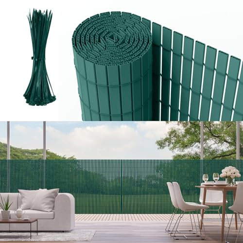 Sichtschutzmatte PVC Sichtschutzzaun mit verstärkten Lamellen 90x500cm Balkon & Garten Sichtschutz ohne Bohren, wetterfest & blickdicht, inkl. Kabelbinder, Windschutz für Terrasse, Grün