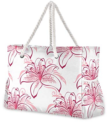 OWFKAY Grand sac de plage fourre-tout en toile résistant à l'eau Motif lys rose et violet, Lys violets roses, Taille unique