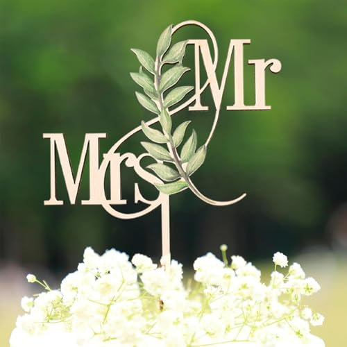 Gleevio Mr & Mrs Deko Hochzeitstorte Holz, Cake Topper Hochzeit, Mr und Mrs Tortendeko Hochzeit, Tortenstecker Hochzeits, Hochzeitstorte Topper, Kuchendeko für Jubiläum Verlobung Antrag, 15x23x0,4cm