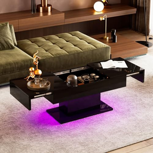 KEEPREAPER High Gloss Coffee Table with 16-Color LED Lighting | Modern Black Hidden Storage Drawers & Sliding Top | Space-Saving Design for Living Room | Black