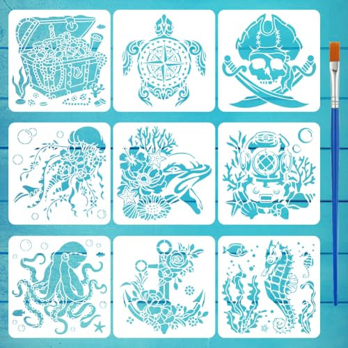 FINGERINSPIRE 9 Stück Malschablone Unterwasserwelt Mit Pinsel 30x30cm Meeresschildkröte Delfin Seepferdchen Oktopus Qualle Zeichenvorlage Anker Piratenschädel Schatz Schablone Zum Malen
