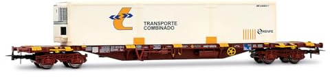 Electrotren HE6080 RENFE, HO Gauge Rolling Stock | 4-axle container wagon MMC3, with refer container Transporte Combinado, oxid red, Epoch V, 1:87 Scale