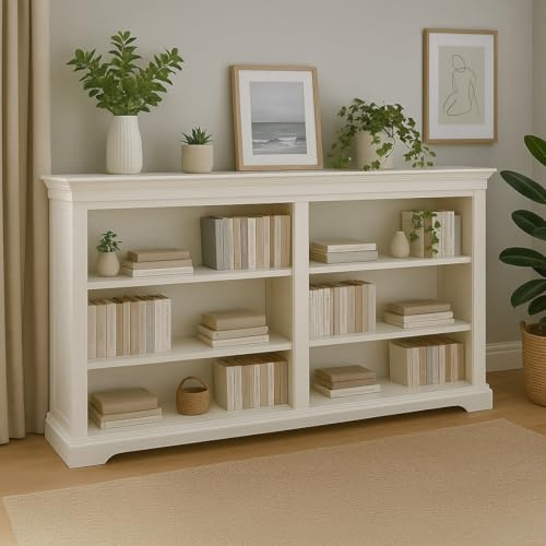 The Furniture Market Wilmslow White Painted Wide Low Double Bookcase | French Shaker Design | Adjustable Shelves | Warm White Satin Finish | Fully Assembled | H 1000mm x W 1800mm x D 355mm