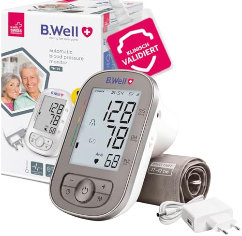 B.Well TH-75 Blutdruckmessgerät | AFib-Erkennung & automatische Messung | Schweizer Qualitätsstandard, klinisch validiert, 3CHECK-3-fach-Messung, 2×90 Speicher, Manschette 22–42 cm, Netzadapter