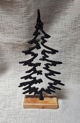 Generisch Metall Tanne, Schwarz auf Holzsockel, Weihnachts-Dekofigur für Fensterbank und Anrichte, 29 x 16 x 5 cm