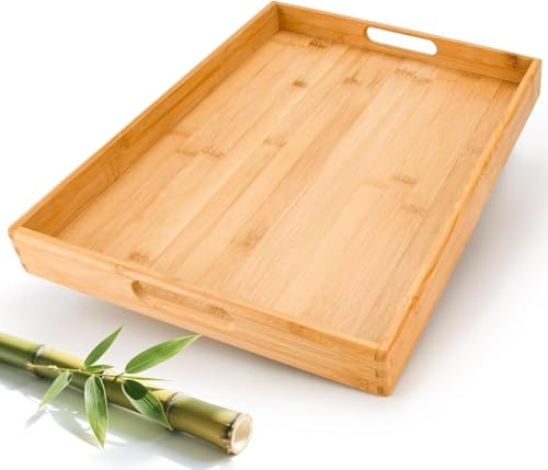 Tablett Serviertablett Bambus Holz -45x33x4.5cm,Stabiles und Leichtes Holz Tablett- Rechteckig Tablett Holz Serviertablett groß Serving Tray Küchen Deko Servierplatte