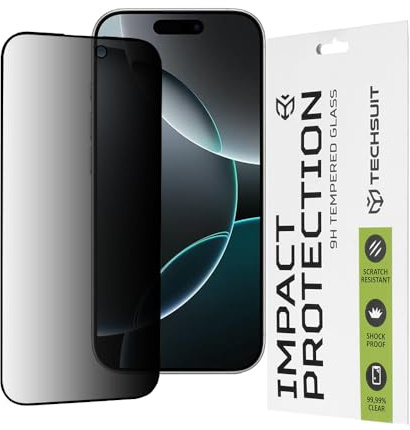 Techsuit Sichtschutzfolie für iPhone 16 Pro Gehärtetes Glas mit 9H Härte, Vollständige Abdeckung, Stoßschutz, Blickschutz Beschichtung, Anti Fingerabdruck, Blasenfrei, 111D Privacy Full Glue