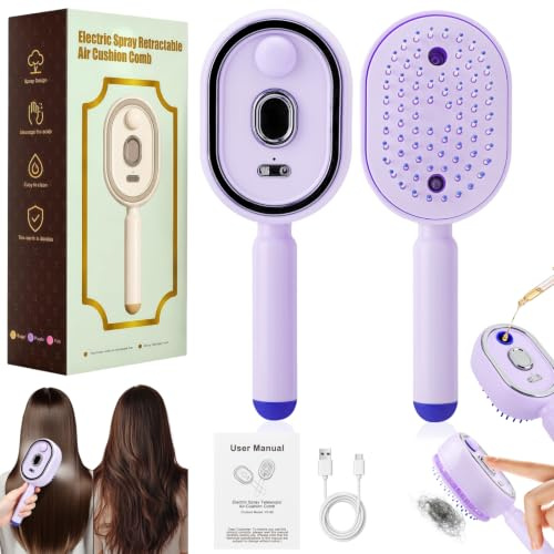 Noetopolis Electric Steam Hair Brush, Electric Spray Brush for Hair, Ele-ctric Spray Air Cushion Massage Comb for Women, Detangling Steam Brush for Natural H-air, Anti-Frizz, Static for Wet&Dry H-air