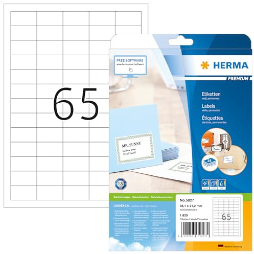 HERMA Self Adhesive Multipurpose Labels - 65 per A4 Sheet, 25 Sheets, 38.1 x 21.2 mm, 1625 Total, Blank Universal Stickers for Laser & Inkjet Printer, White