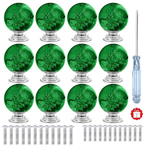 anjuu 12 PCS 30 mm Runde Form Blase Kristall Glas Möbelknopf mit Schrauben Schublade Knopf Pull Griff verwendet für Küche, Kommode, Tür, Schrank grün