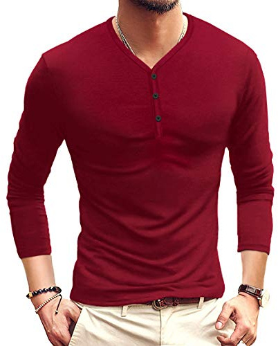 MLANM Mens Casual Slim Fit Basic Henley Short/Long Sleeve Cotton Tops Fashion T-Shirt, Medium Wine Red