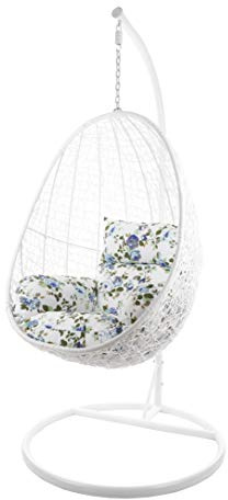 Kideo Komplettset: Hängesessel mit Gestell & Kissen, Lounge-Möbel, Poly-Rattan (Gestell- und Korbfarbe: weiß, Kissen: Blumenmuster Nest (1078_icerose))