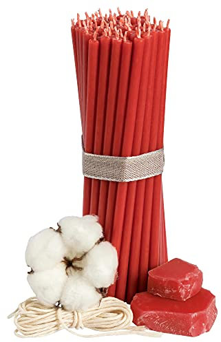 Diveevo Kirchliche Bienenwachskerzen №100-50 Stk. I hochwertige Ritualkerzen L-16,5 cm Ø-5,7 mm I 50 Min Brenndauer in Rot I 200 g dünne Kerzen tropf- & rauchfrei