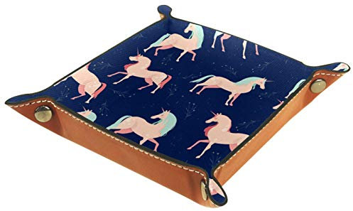 ZORE_FINE5 Faltbare Rollwürfel-Aufbewahrungsbox aus Leder, quadratisch, Schmucktabletts und Uhren, Schlüssel, Münzen, Süßigkeiten, 14,5 cm, Rosa, geheimnisvolles Einhorn-Muster, Blau
