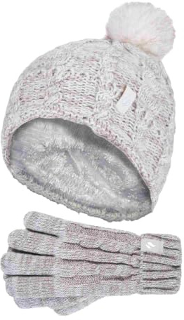 HEAT HOLDERS - Mädchen WinterMütze Bommel Pompom und Handschuhe Set (7-10 Jahre, Haferflocken Twist)