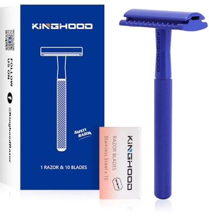 Kinghood Rasoir de sécurité à lame unique avec 10 lames à double tranchant, rasoir réutilisable zéro déchet, poignée en métal