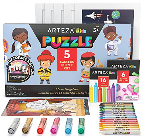 Arteza Kids Jigsaw Puzzle Kit, 5 Careers Puzzles, 16 Crayons, 6 Tubes of Glitter Glue, 5 Frames, DIY and Screen-Free Kids’ Activities for Ages 3 and Up