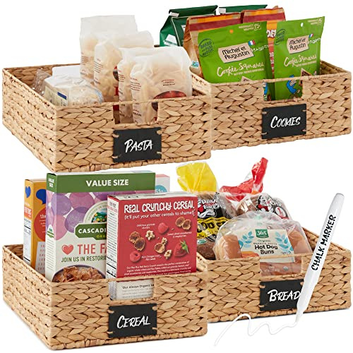 Best Choice Products Set of 4 16x12in Large Water Hyacinth Pantry Baskets, Woven Organizers w/Chalkboard Label, Chalk Marker - Natural