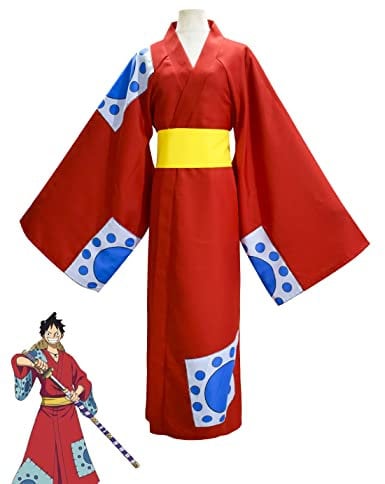 KITAT Anime Cosplay Costume One Piece Monkey D. Luffy Japanese Kimono Uniform Outfits Halloween Party Unisex Overcoat Set (Medium)