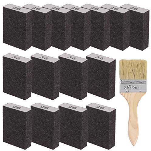 Glarks Kit de 16 éponges de ponçage Grain 36, 15 pièces de 10 x 7 x 2,5 cm, Blocs de ponçage lavables et réutilisables et 1 Pinceau idéal pour Le Travail du Bois, Le Polissage des cloisons sèches