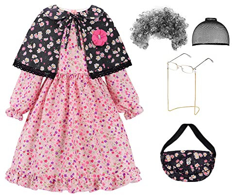 ReliBeauty Oma Kostüm Alte Frau Kinder Mädchen Cosplay mit Perücke,140