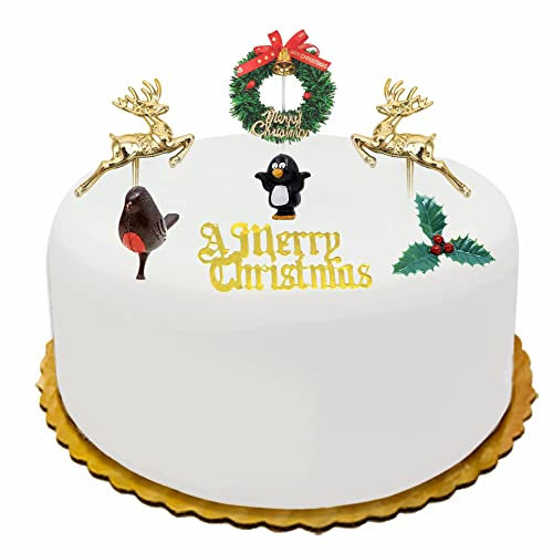 Christmas Cake Decorations Toppers (7 Piece) UK Cupcake Kit - Penguin, Sign, Reindeer, Tree, Wreath, Holly Leaf, Robin (Gold Set)