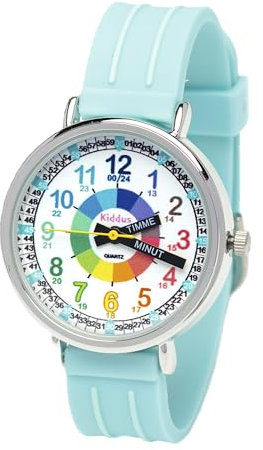 Kiddus Lern Armbanduhr für Kinder, Jungen und Mädchen. Analoge Armbanduhr mit Zeitlernübungen. Time Teacher. Svenska Turquoise