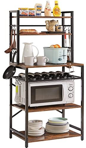 YMYNY Kitchen Baker's Rack, Microwave Oven Stand with Storage Shelves, Industrial Coffee Bar Station, with Adjustable Wine Holders and 12 S-Hooks, Metal Frame, Rustic Brown, 58 × 39 × 144CM HBR003H
