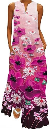 Ocean Plus Damen Maxikleid Vintage-Bedruckte Sommerkleid für Mehrfarbiges Langes Ärmelloses Kleid in Mehrfarben mit V-Ausschnitt (4XL, Rosenrotes Ölgemälde Blumen)