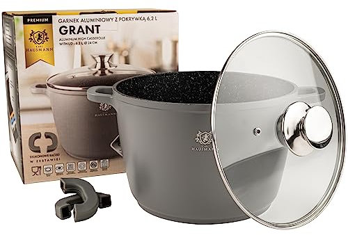 KARL HAUSMANN Faitout Induction - 6L – Ø 24 cm - Cocotte Fonte d'Aluminium - Marmite Couvercle en Verre - Casserole Tous Feux dont Induction - Revêtement Antiadhésif - Sans PFOA